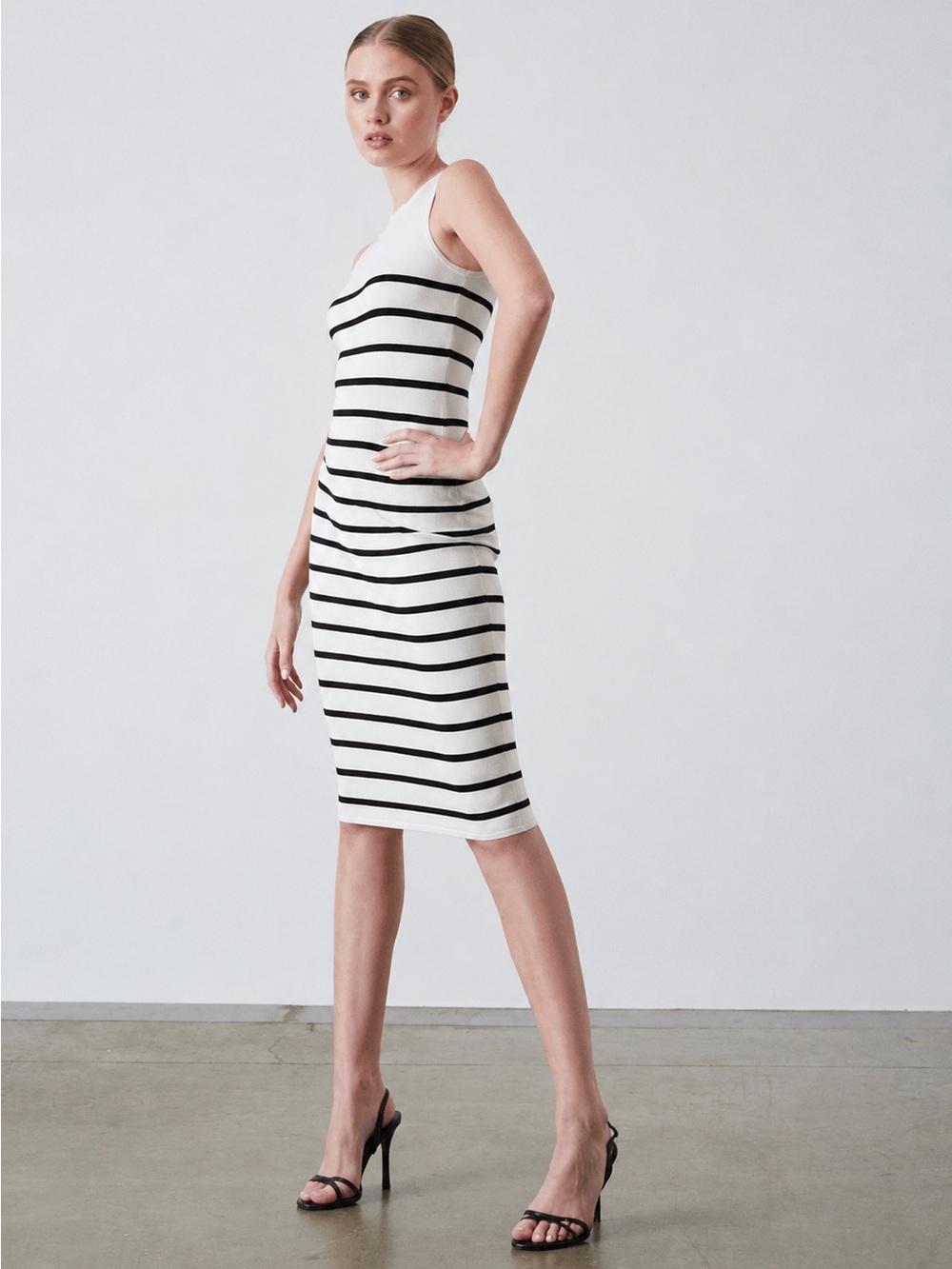 GreyVen Grace Black and White Stripe Sleeveless Tank Midi Dress Large
